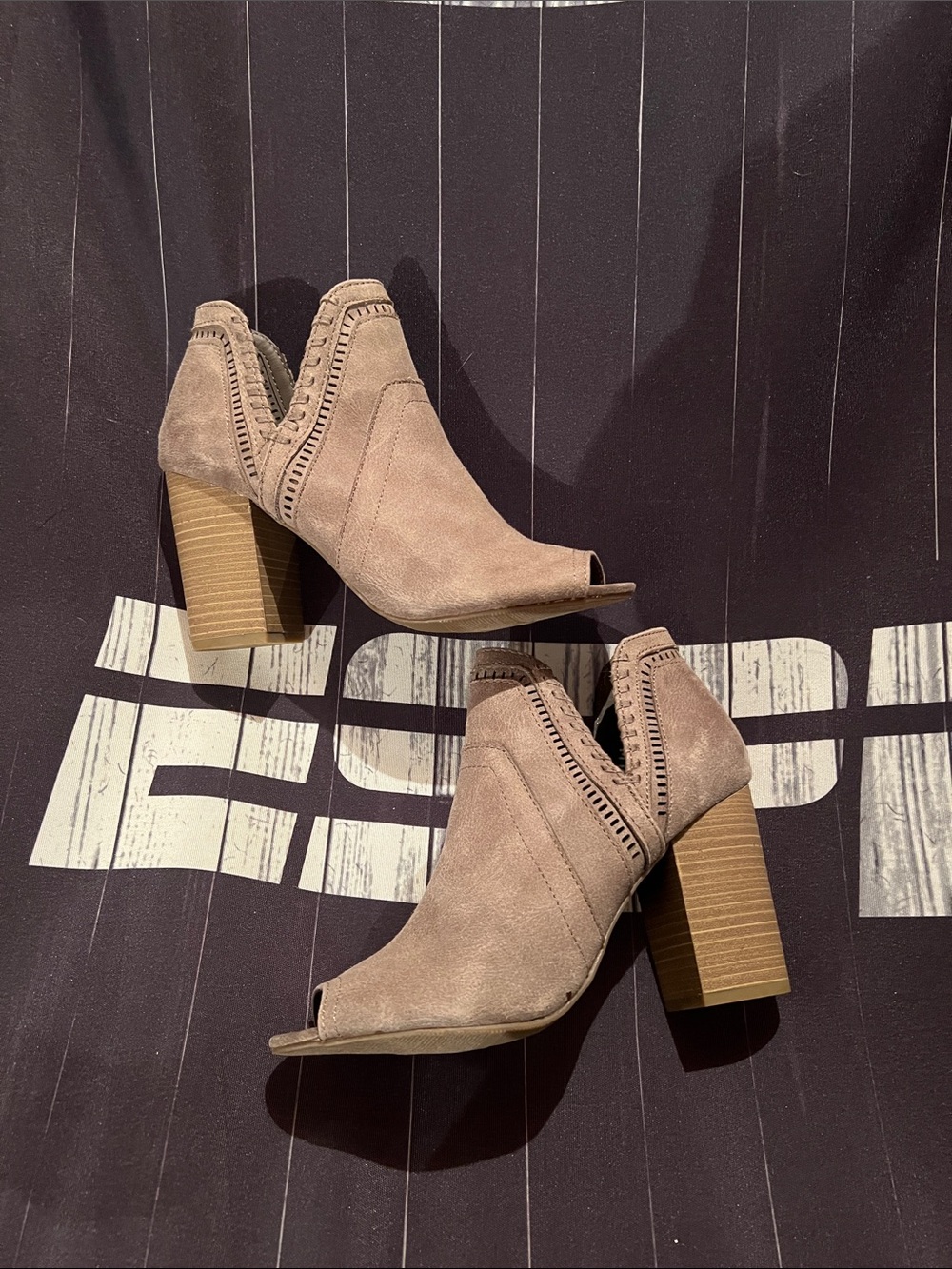 Women’s Taupe Suede Peep-Toe Block Heel Booties